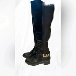 Micheal Kors black knee high gold zipper rubber sole leather riding boots 5.5